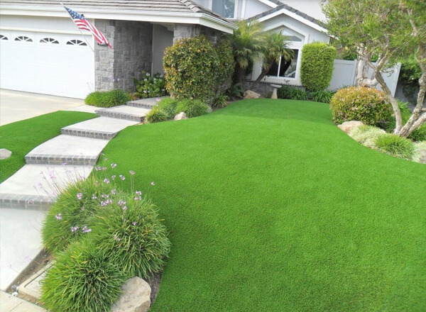 Artificial turf in a front yard.