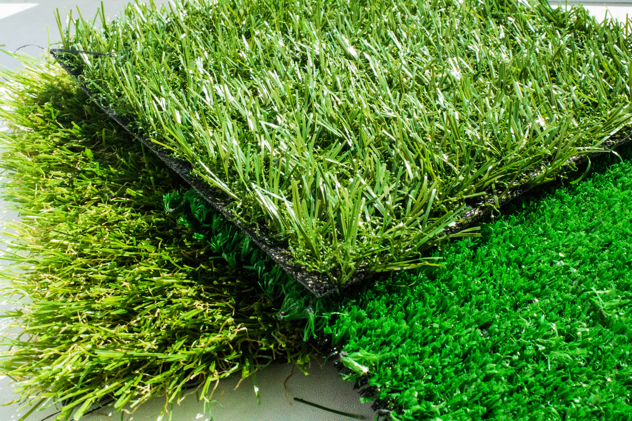 A close view of synthetic turf products.