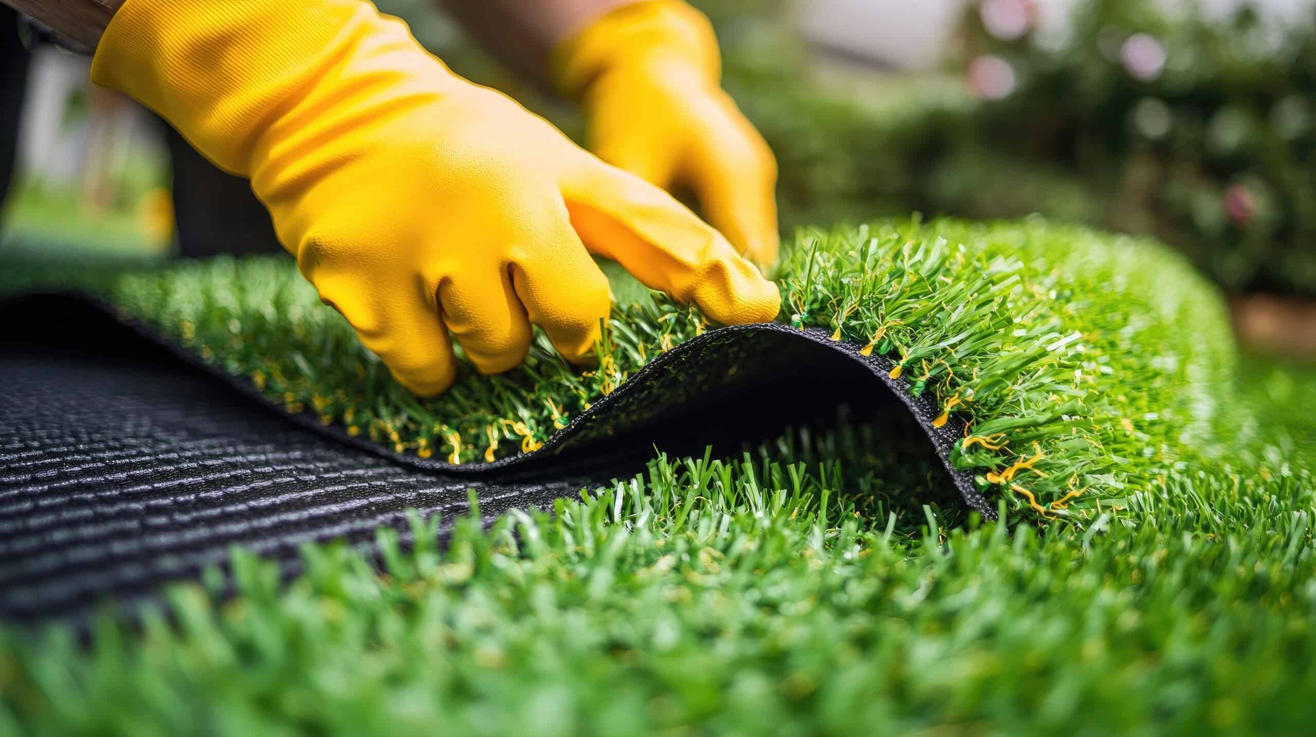 Installing Artificial Turf for Lawn Improvement Close-up of a person installing artificial turf with yellow gloves.
