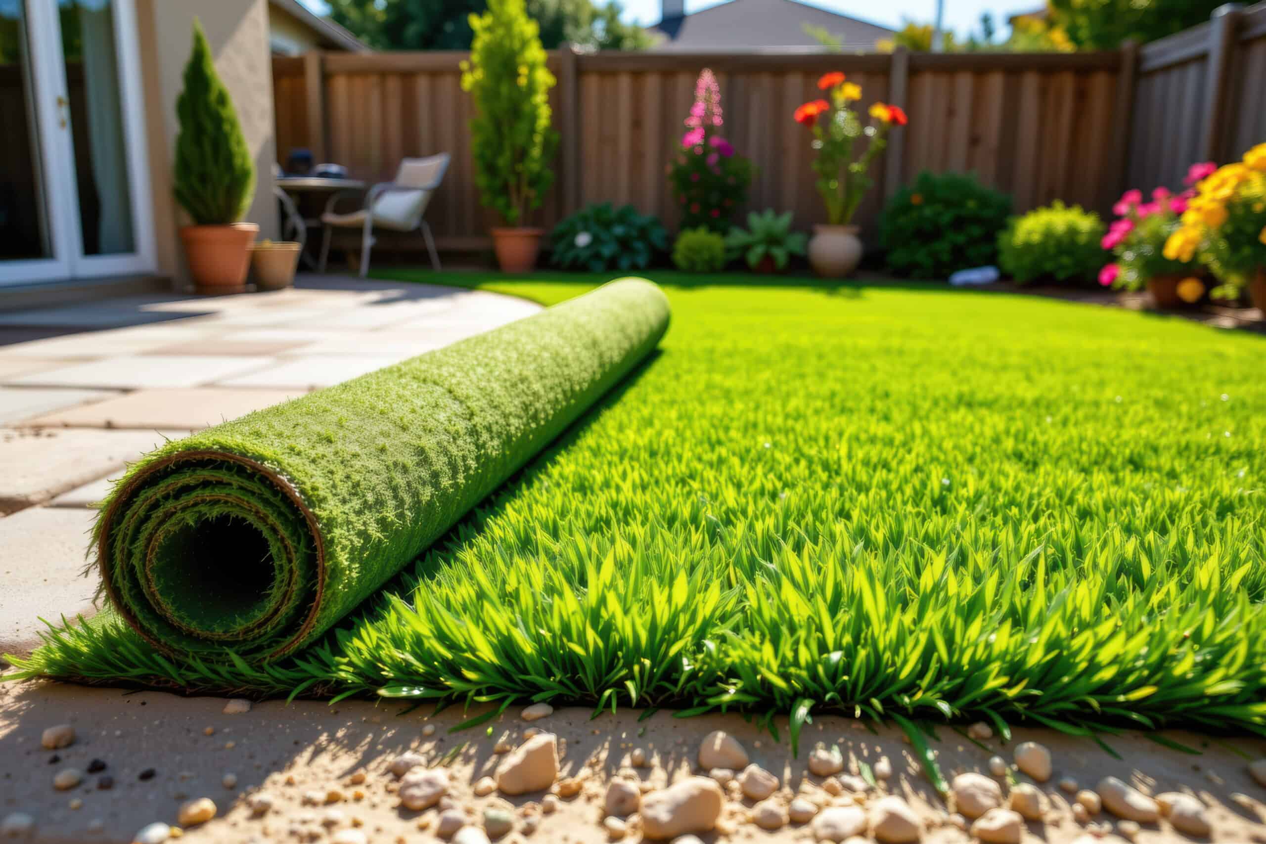 Fresh artificial turf rolled out in a sunny backyard with potted plants and a wooden fence.