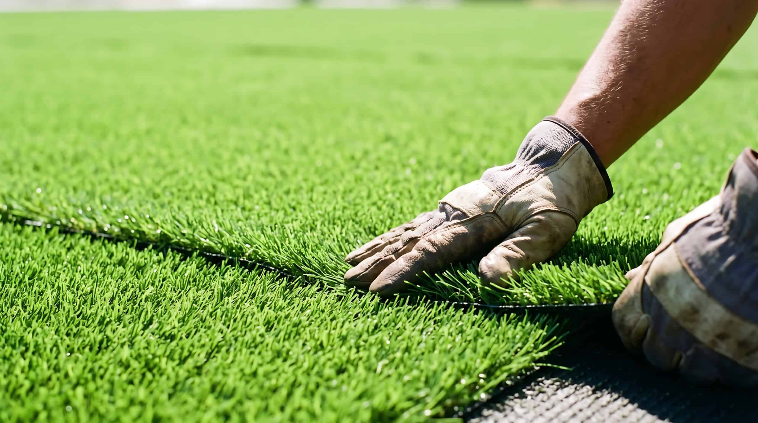 Close-up of gloved hands installing artificial turf on a lawn.